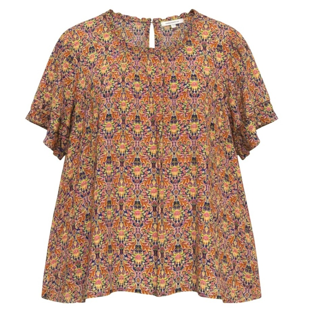 Rose + Olive Blouse Women 3X Pink Blue Paisley Floral Boho Short Sleeve Top